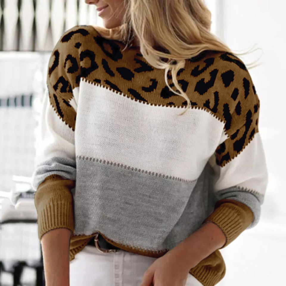  Suéter Feminino Malha Tricot Manga Longa Onça Listrado Inverno Básica Moda Casual - Anabela