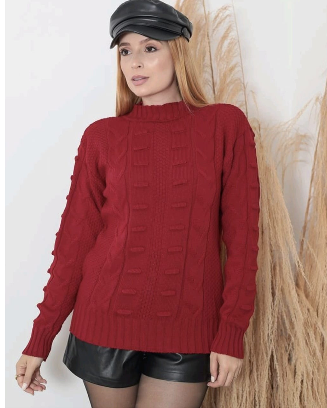 Suéter Feminino Tricot Gola Alta  Desenhado Pullover Coleção Inverno Malha Quente - Aurora