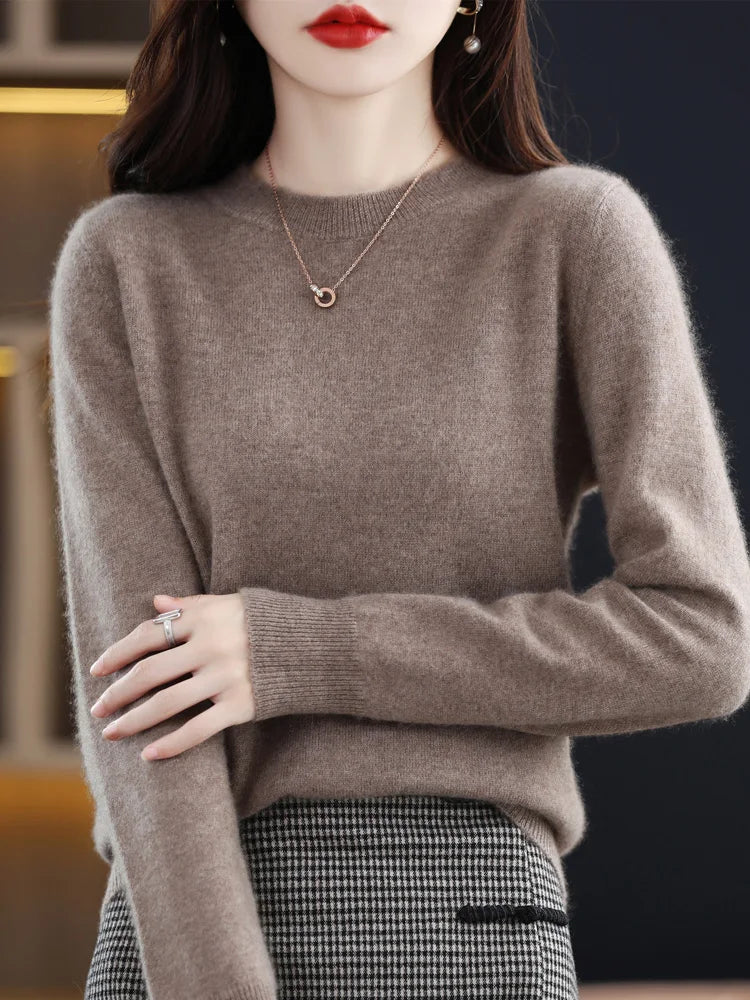 Moda 100% suéter de lã merino elegante pulôver de caxemira feminino gola redonda manga comprida malhas roupas básicas jumper tops