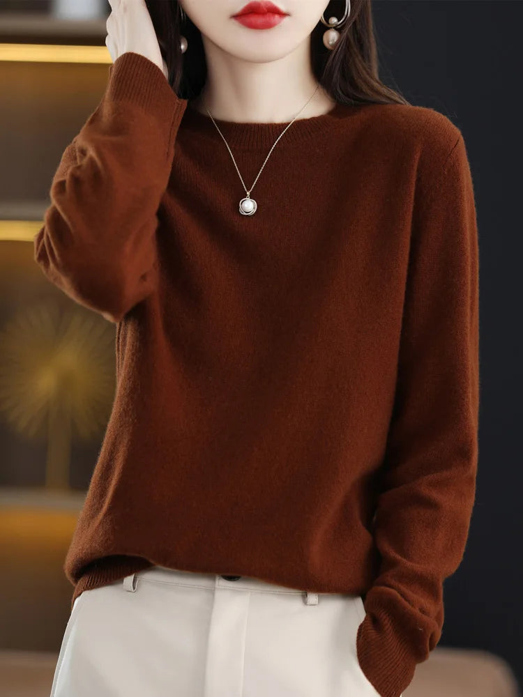 Moda 100% suéter de lã merino elegante pulôver de caxemira feminino gola redonda manga comprida malhas roupas básicas jumper tops
