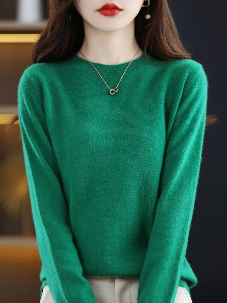 Moda 100% suéter de lã merino elegante pulôver de caxemira feminino gola redonda manga comprida malhas roupas básicas jumper tops