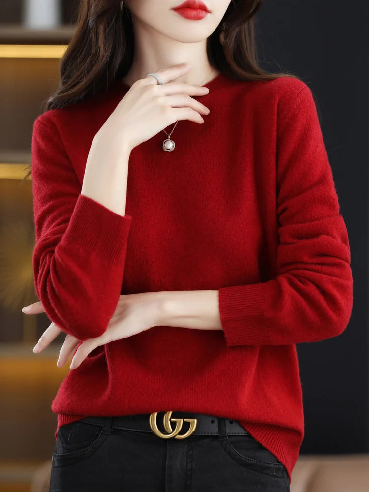Moda 100% suéter de lã merino elegante pulôver de caxemira feminino gola redonda manga comprida malhas roupas básicas jumper tops