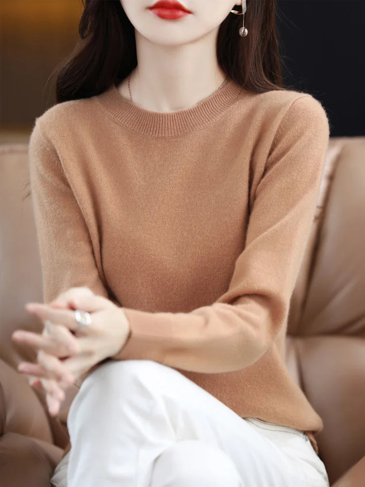 Moda 100% suéter de lã merino elegante pulôver de caxemira feminino gola redonda manga comprida malhas roupas básicas jumper tops