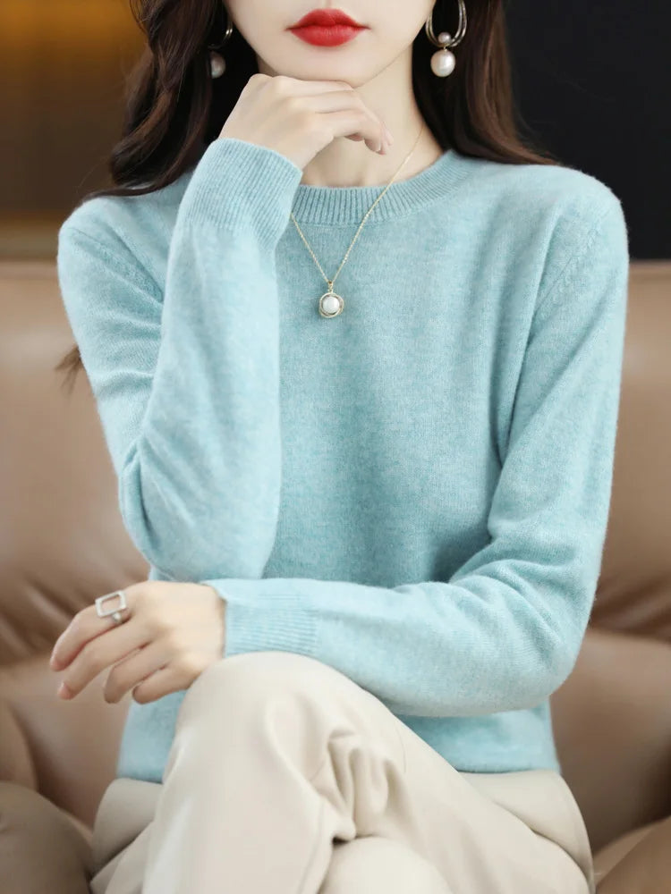 Moda 100% suéter de lã merino elegante pulôver de caxemira feminino gola redonda manga comprida malhas roupas básicas jumper tops