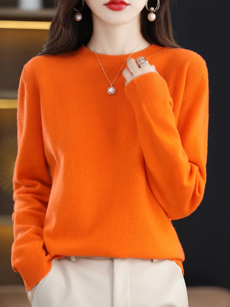 Moda 100% suéter de lã merino elegante pulôver de caxemira feminino gola redonda manga comprida malhas roupas básicas jumper tops