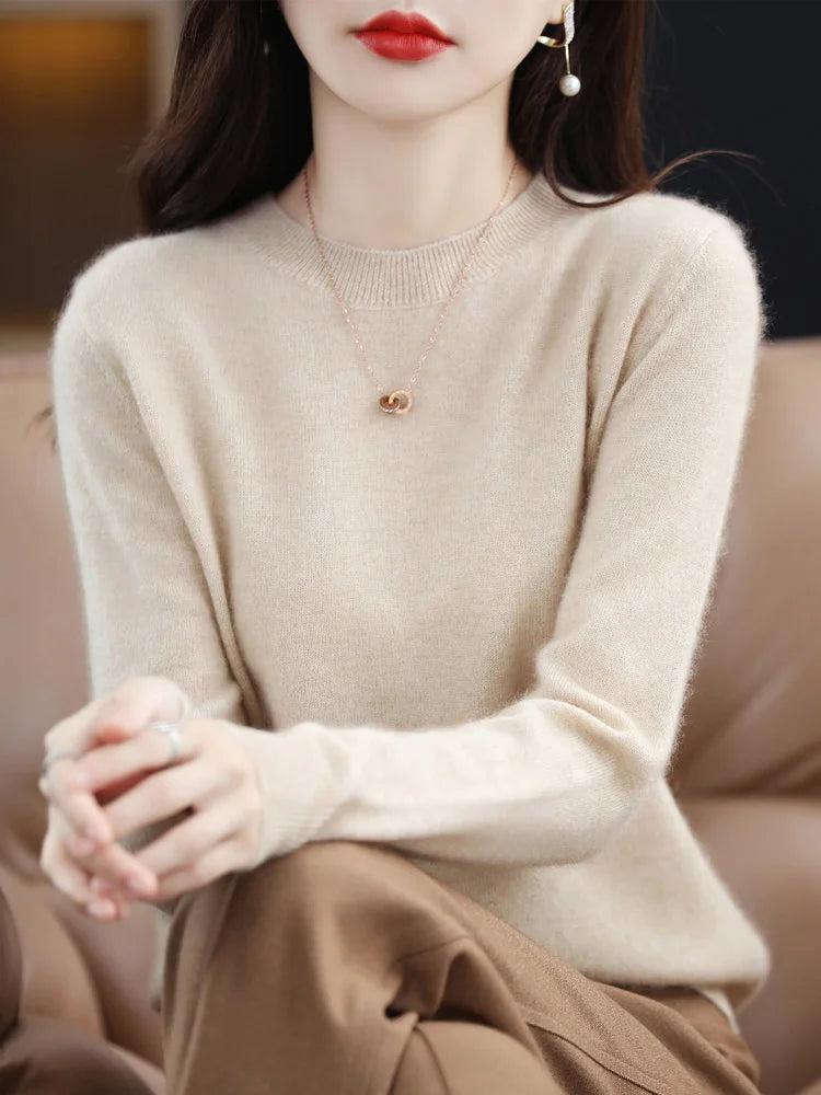 Moda 100% suéter de lã merino elegante pulôver de caxemira feminino gola redonda manga comprida malhas roupas básicas jumper tops