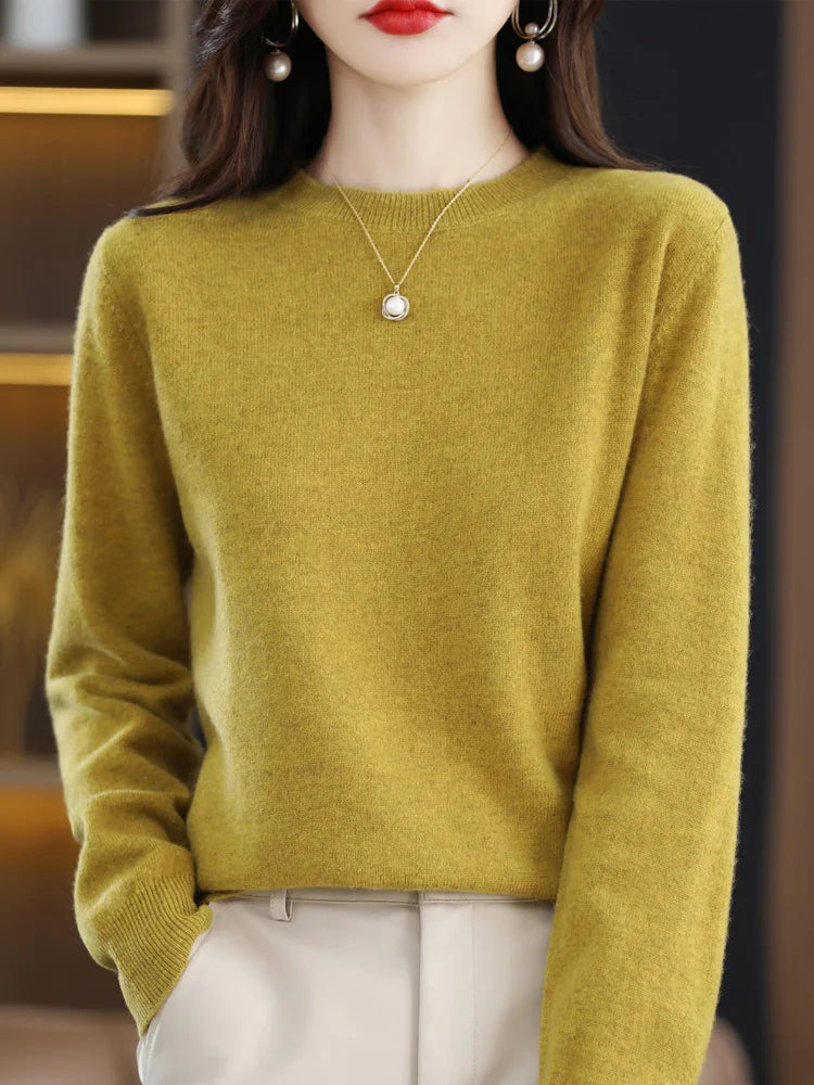 Moda 100% suéter de lã merino elegante pulôver de caxemira feminino gola redonda manga comprida malhas roupas básicas jumper tops