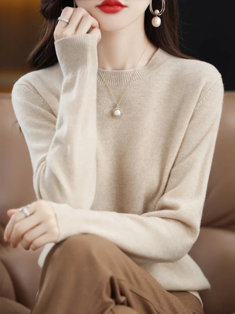 Moda 100% suéter de lã merino elegante pulôver de caxemira feminino gola redonda manga comprida malhas roupas básicas jumper tops