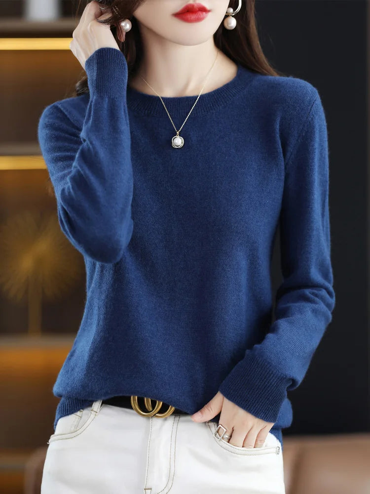Moda 100% suéter de lã merino elegante pulôver de caxemira feminino gola redonda manga comprida malhas roupas básicas jumper tops