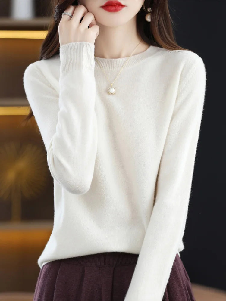 Moda 100% suéter de lã merino elegante pulôver de caxemira feminino gola redonda manga comprida malhas roupas básicas jumper tops