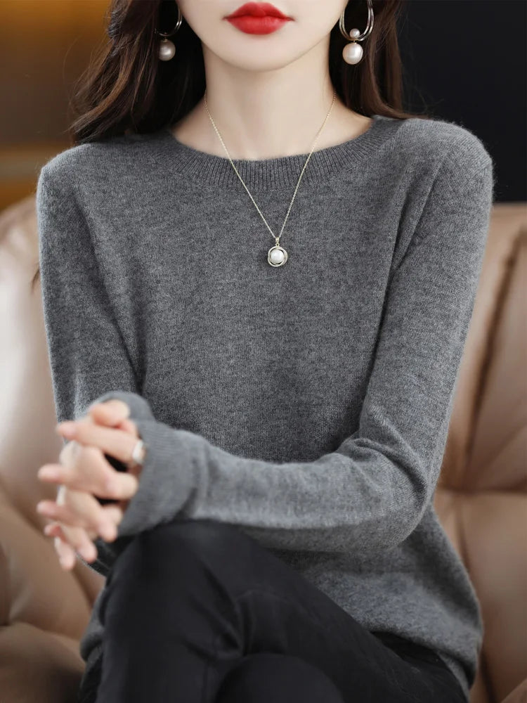 Moda 100% suéter de lã merino elegante pulôver de caxemira feminino gola redonda manga comprida malhas roupas básicas jumper tops