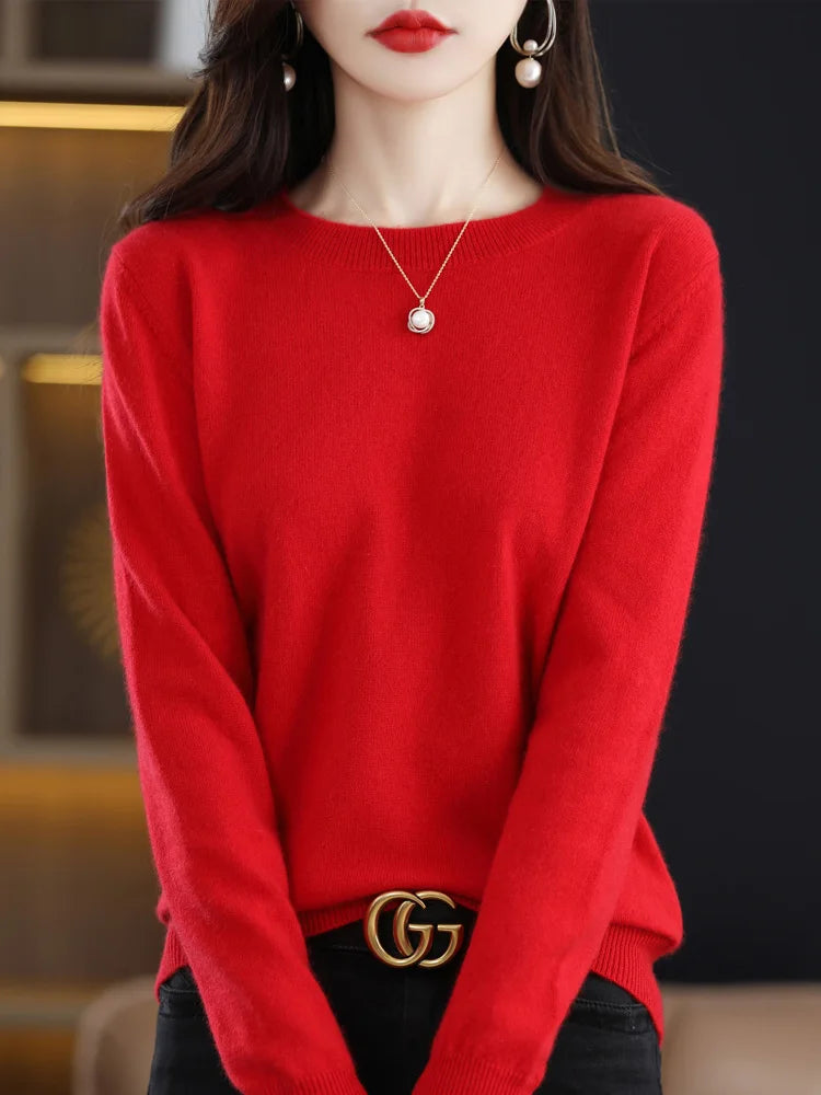 Moda 100% suéter de lã merino elegante pulôver de caxemira feminino gola redonda manga comprida malhas roupas básicas jumper tops