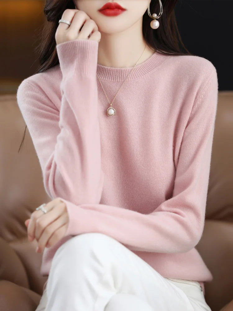 Moda 100% suéter de lã merino elegante pulôver de caxemira feminino gola redonda manga comprida malhas roupas básicas jumper tops
