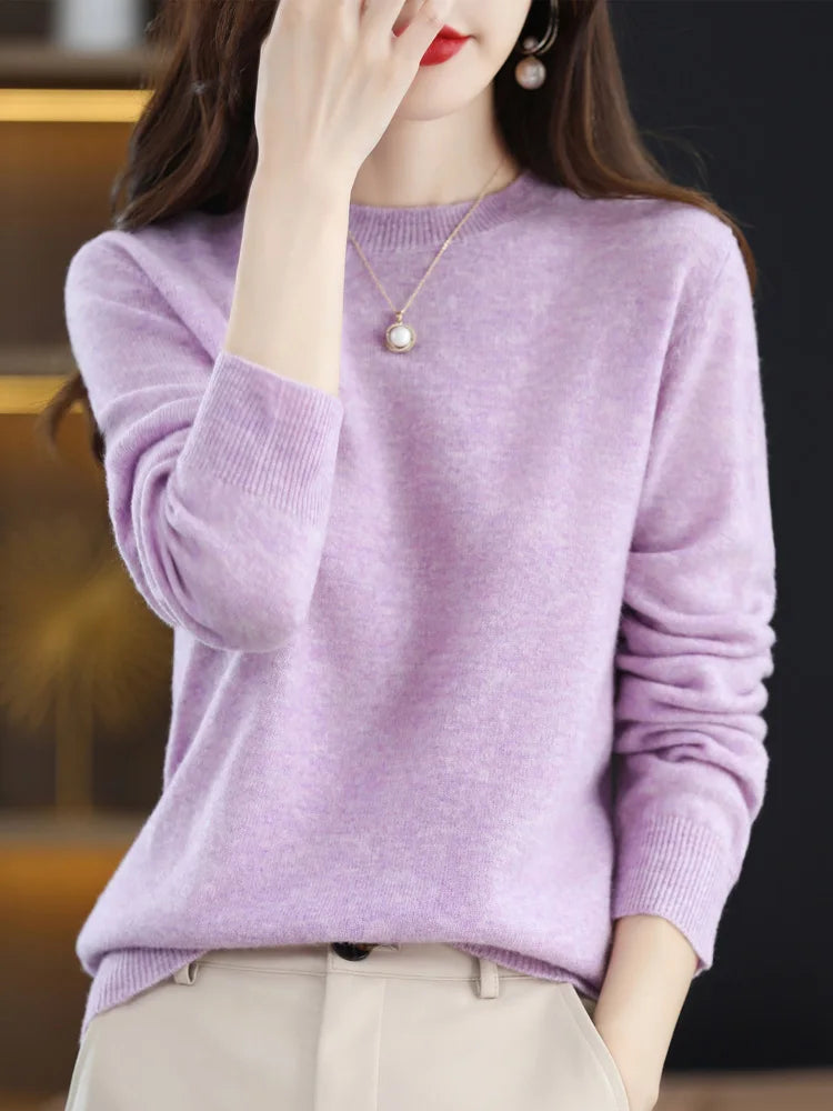 Moda 100% suéter de lã merino elegante pulôver de caxemira feminino gola redonda manga comprida malhas roupas básicas jumper tops