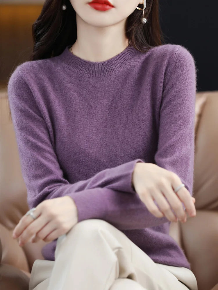 Moda 100% suéter de lã merino elegante pulôver de caxemira feminino gola redonda manga comprida malhas roupas básicas jumper tops
