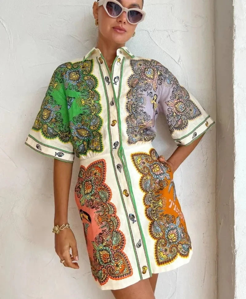 Vestido curto elegante com gola polo feminino, saias de verão estampadas, vestidos luxuosos de uma peça