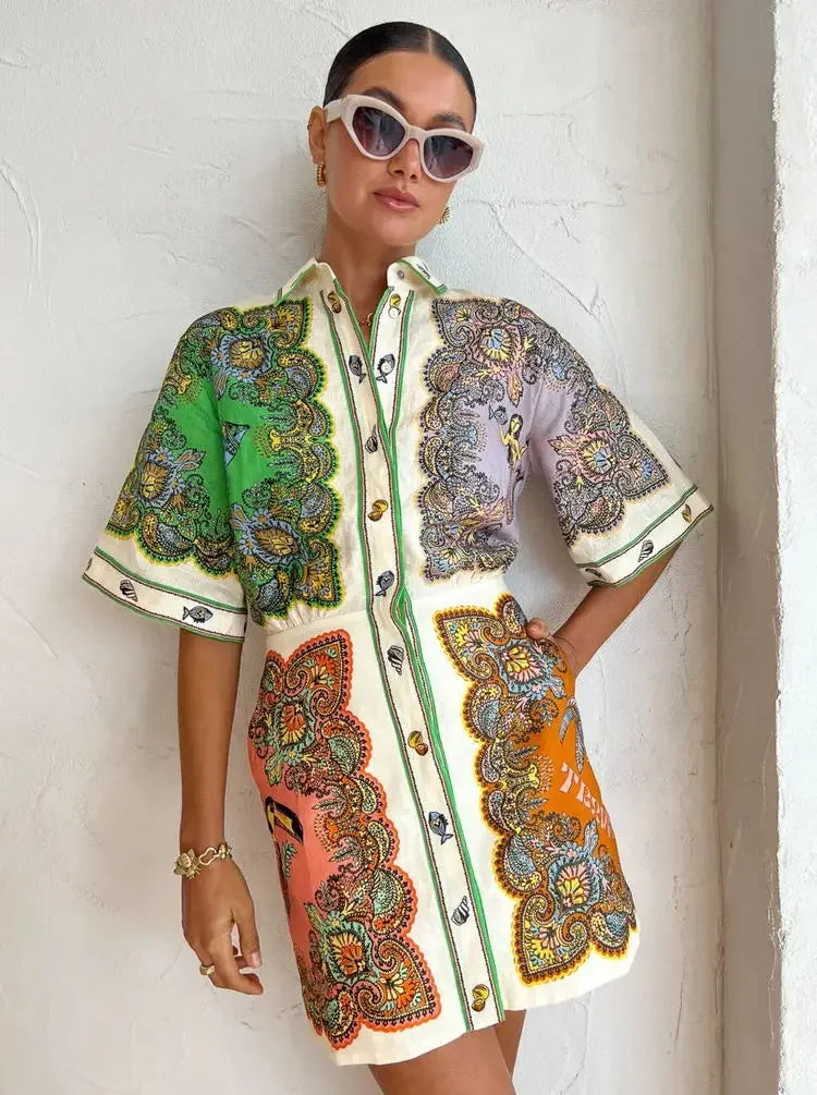 Vestido curto elegante com gola polo feminino, saias de verão estampadas, vestidos luxuosos de uma peça