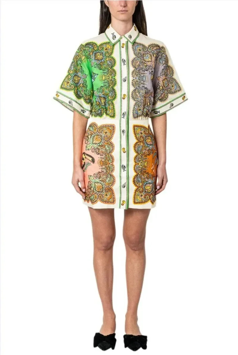 Vestido curto elegante com gola polo feminino, saias de verão estampadas, vestidos luxuosos de uma peça
