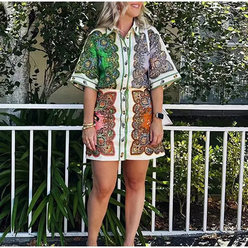 Vestido curto elegante com gola polo feminino, saias de verão estampadas, vestidos luxuosos de uma peça