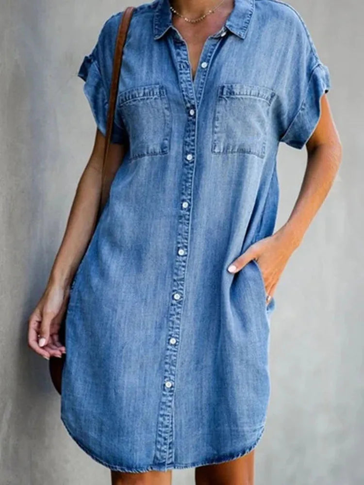 Vestido Curto Feminino Camisa Chemise  Denim  Casual com Bolsos - Talita