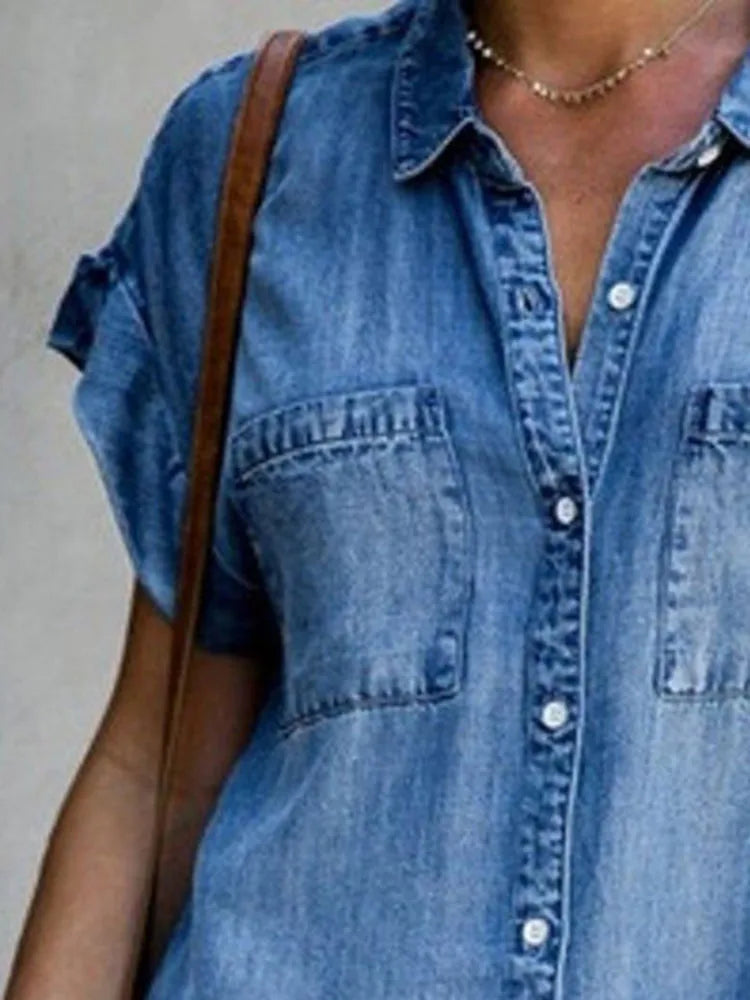 Vestido Curto Feminino Camisa Chemise  Denim  Casual com Bolsos - Talita