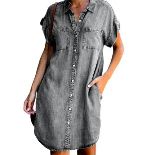 Vestido Curto Feminino Camisa Chemise  Denim  Casual com Bolsos - Talita