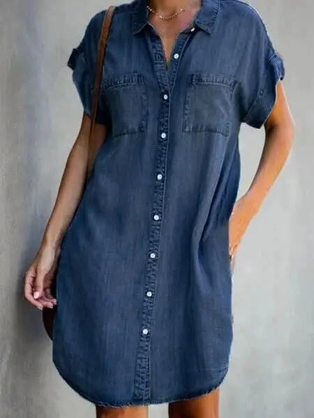 Vestido Curto Feminino Camisa Chemise  Denim  Casual com Bolsos - Talita