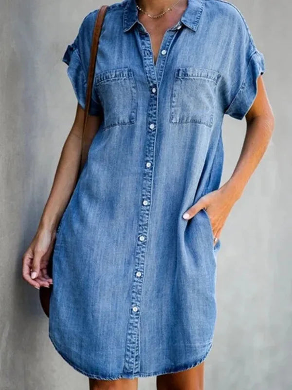 Vestido Curto Feminino Camisa Chemise  Denim  Casual com Bolsos - Talita
