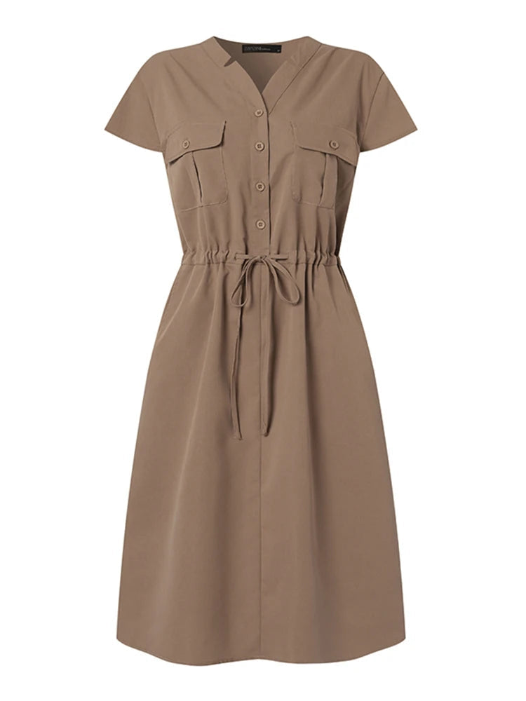 Vestido Curto Feminino Casual Cintura com Cordão Elegante Tamanho - P ao 5XG- Valeria