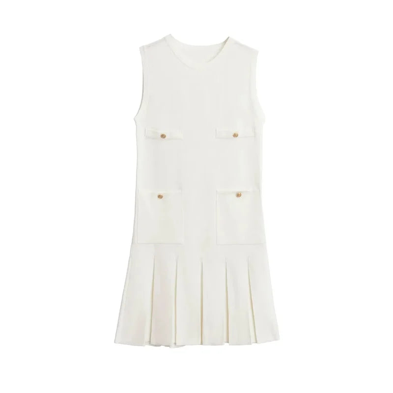 Vestido Curto Feminino Cor Manteiga com Bolsos e Saia Plisada - Simone