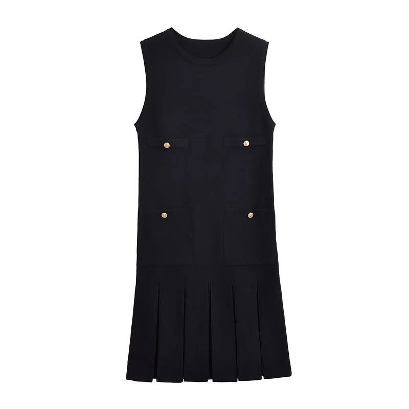 Vestido Curto Feminino Cor Manteiga com Bolsos e Saia Plisada - Simone