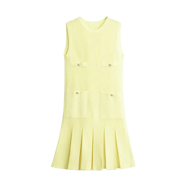 Vestido Curto Feminino Cor Manteiga com Bolsos e Saia Plisada - Simone