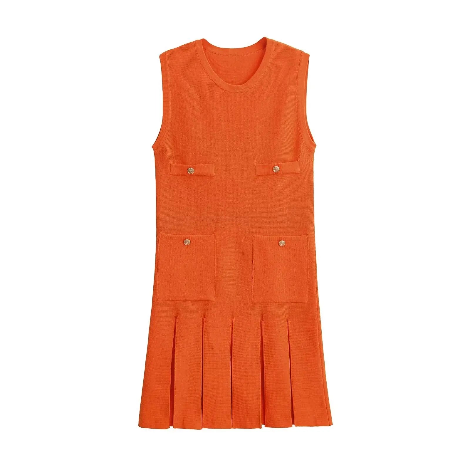 Vestido Curto Feminino Cor Manteiga com Bolsos e Saia Plisada - Simone