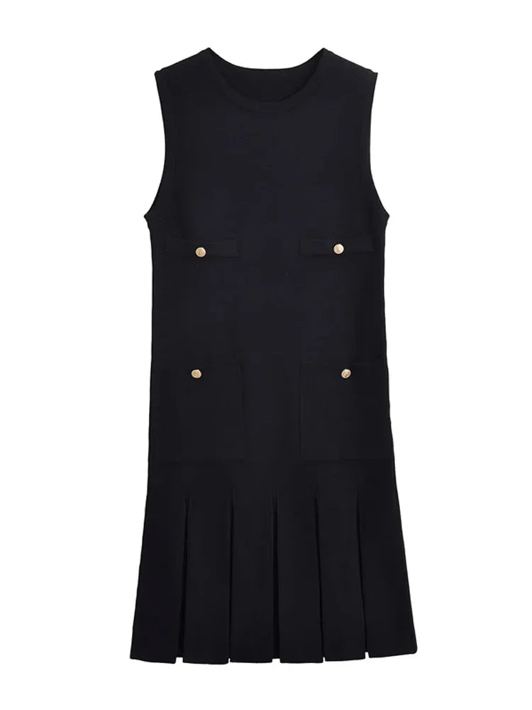 Vestido Curto Feminino Cor Manteiga com Bolsos e Saia Plisada - Simone