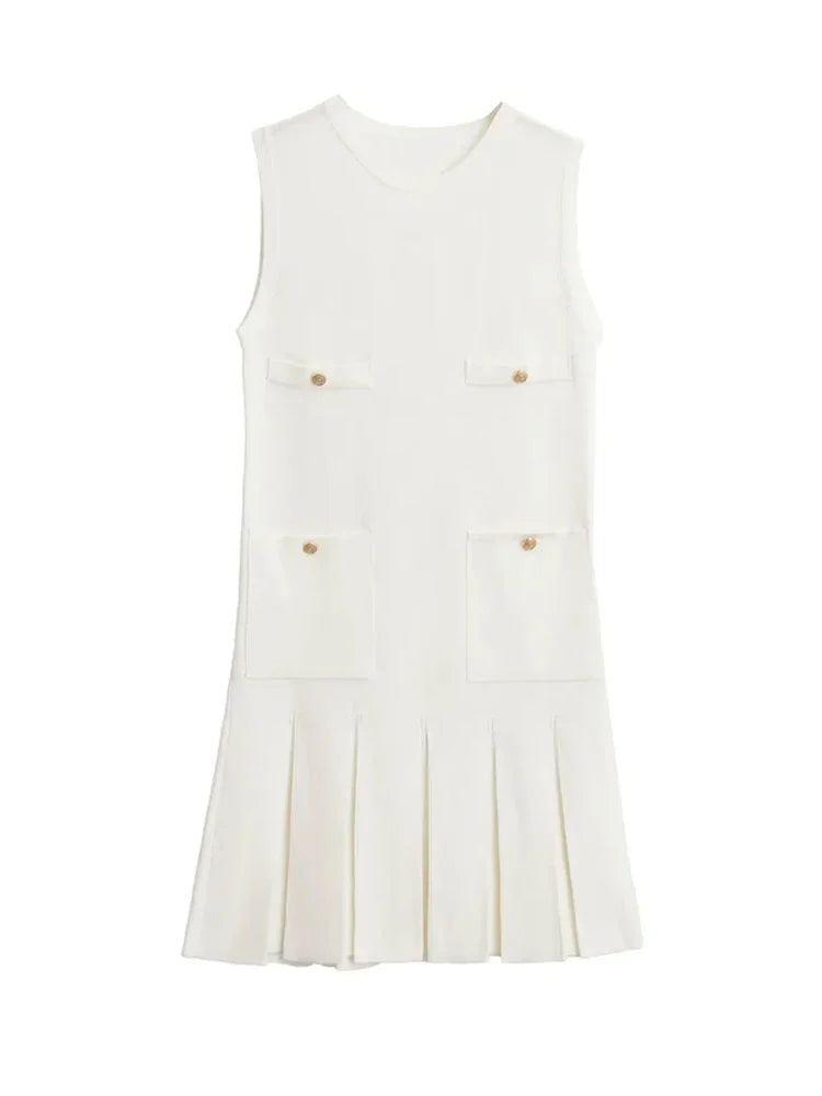 Vestido Curto Feminino Cor Manteiga com Bolsos e Saia Plisada - Simone