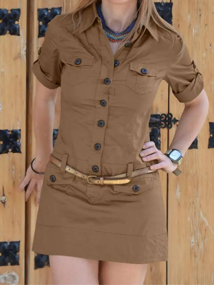 Vestido Curto Feminino Detalhe Camisa e Passante na Cintura - Eduarda