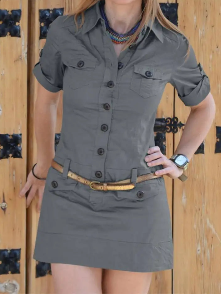 Vestido Curto Feminino Detalhe Camisa e Passante na Cintura - Eduarda