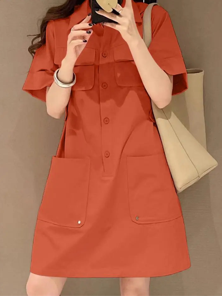 Vestido Curto Feminino Gola Camisa Chemise com Bolsos - Pamela