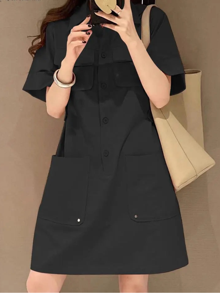 Vestido Curto Feminino Gola Camisa Chemise com Bolsos - Pamela