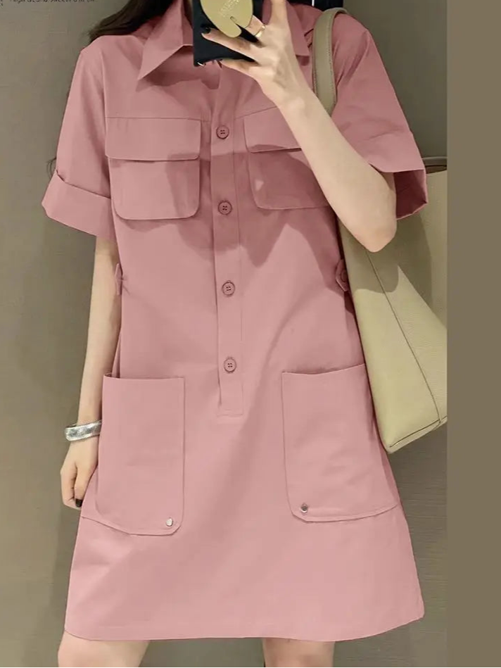 Vestido Curto Feminino Gola Camisa Chemise com Bolsos - Pamela