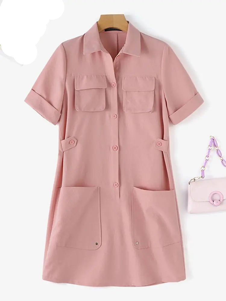 Vestido Curto Feminino Gola Camisa Chemise com Bolsos - Pamela