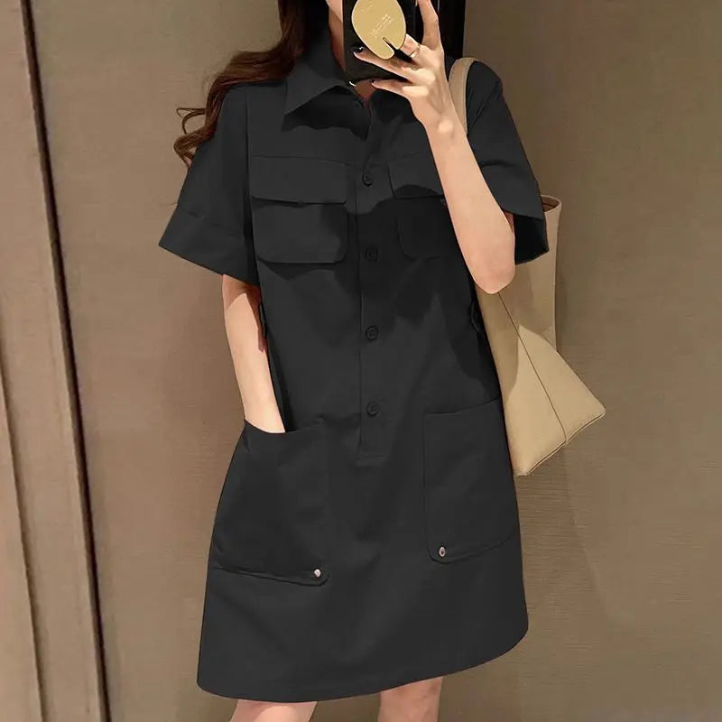 Vestido Curto Feminino Gola Camisa Chemise com Bolsos - Pamela