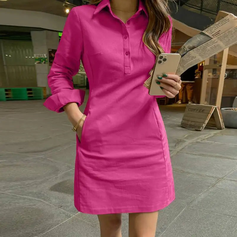 Vestido Curto Feminino Gola Polo Elegante com Bolsos -Tamanhos do P ao 5XG - Basilia