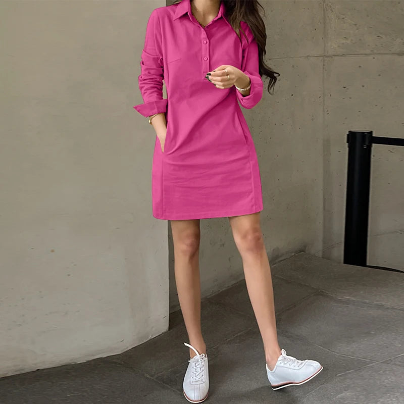 Vestido Curto Feminino Gola Polo Elegante com Bolsos -Tamanhos do P ao 5XG - Basilia