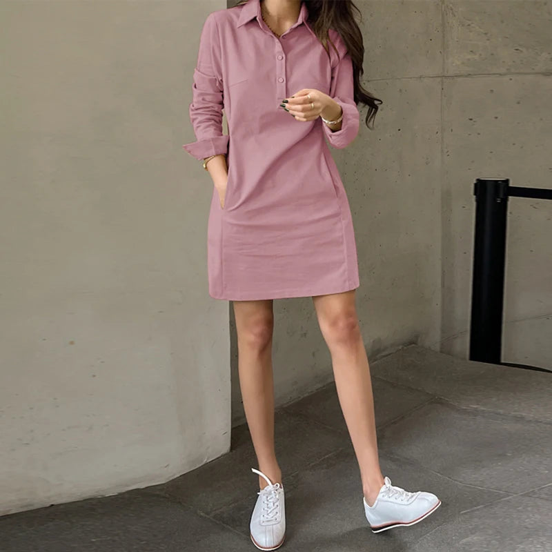 Vestido Curto Feminino Gola Polo Elegante com Bolsos -Tamanhos do P ao 5XG - Basilia