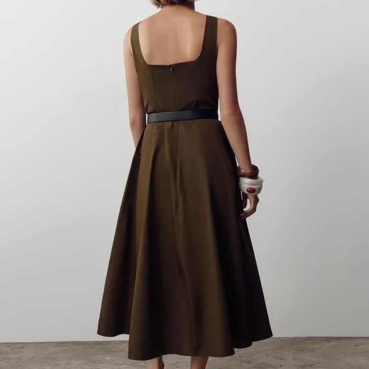 ZBZR Primavera Novo Vestido Midi F Estilo Saia Linha A Cintura Alta E Fibra de Poliéster Sem Mangas Vestido Col...