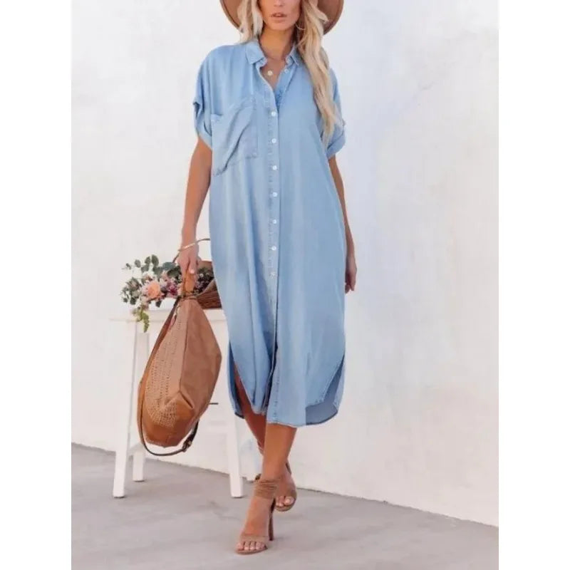 Vestido Longo Chemise Midi Casual com Bolsos Laterais - Emanuelle