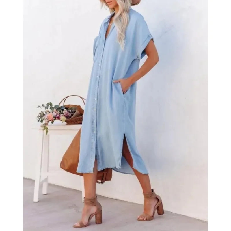 Vestido Longo Chemise Midi Casual com Bolsos Laterais - Emanuelle