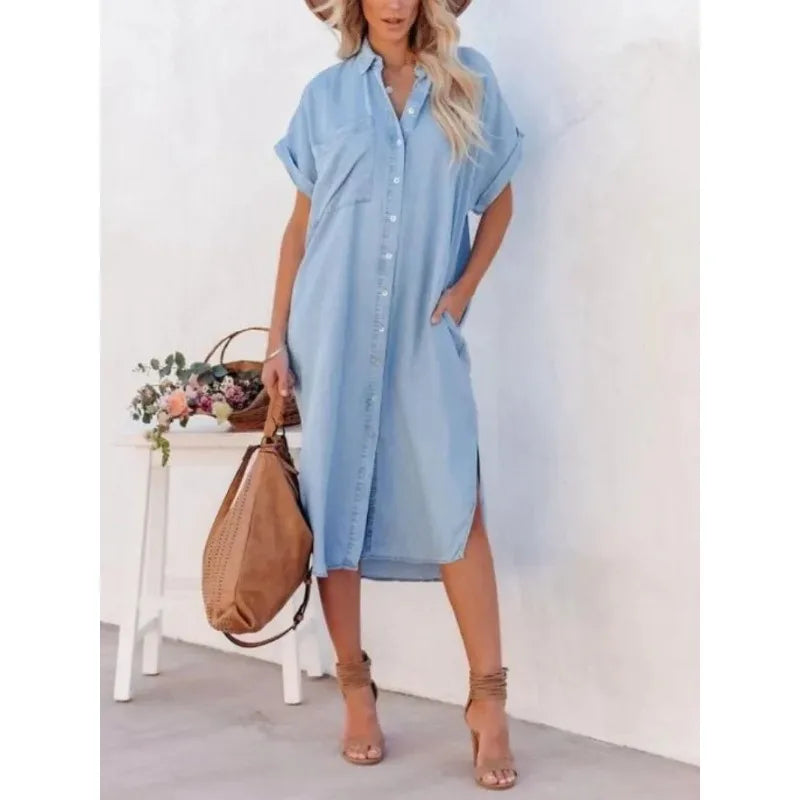 Vestido Longo Chemise Midi Casual com Bolsos Laterais - Emanuelle
