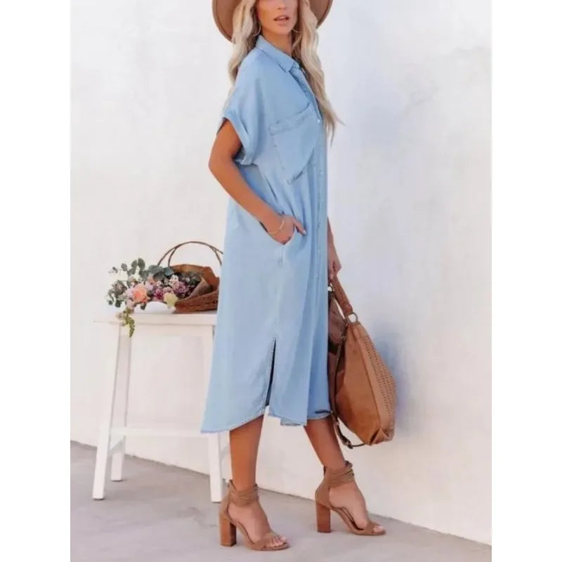 Vestido Longo Chemise Midi Casual com Bolsos Laterais - Emanuelle